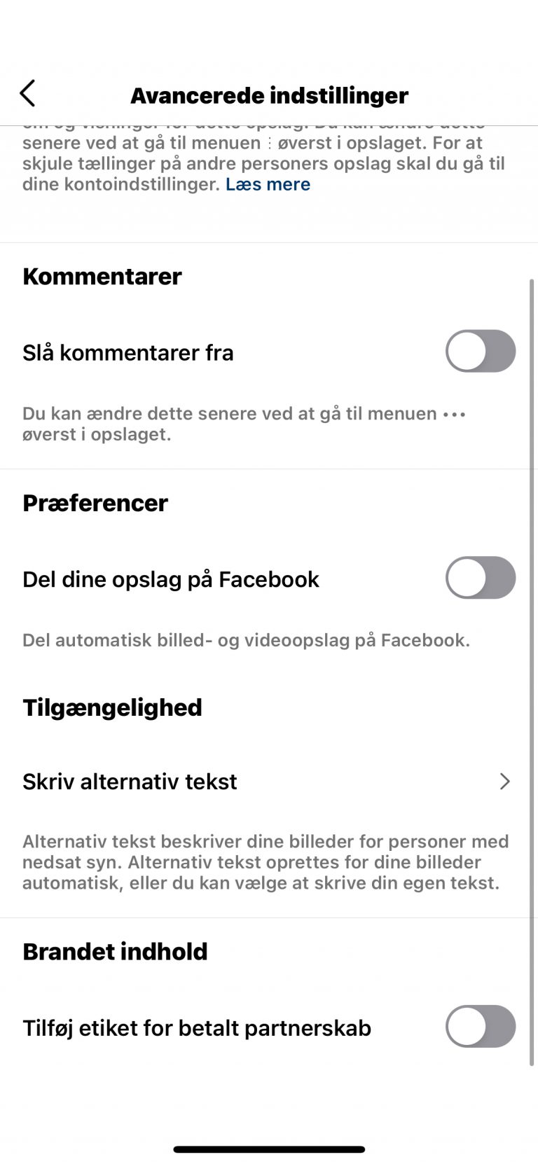 Skærmbillede af avancerede indstillinger ved deling af opslag på Instagram
